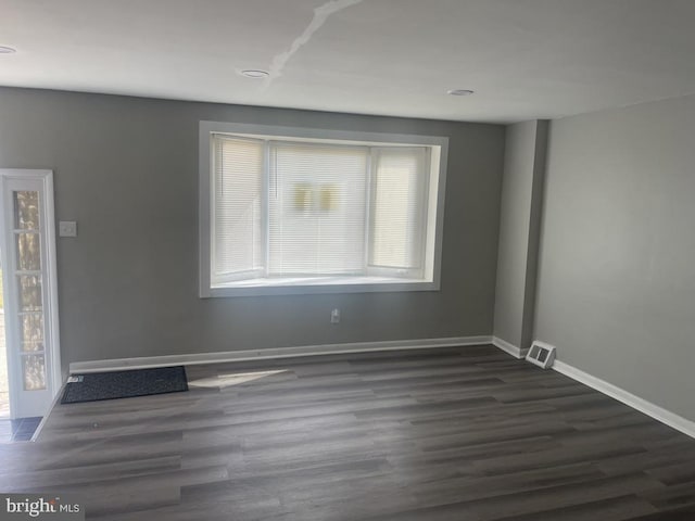 spare room featuring a healthy amount of sunlight and dark hardwood / wood-style flooring