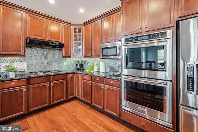 kitchen featuring tasteful backsplash, dark stone counters, light wood-type flooring, and appliances with stainless steel finishes