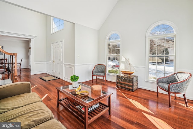 living room featuring hardwood / wood-style floors and high vaulted ceiling