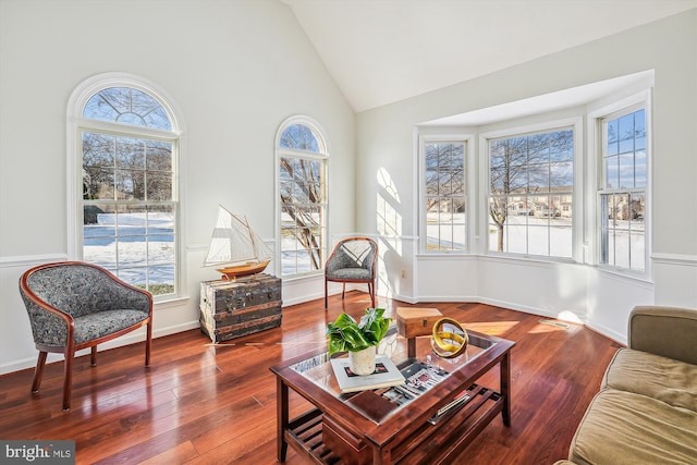 interior space with hardwood / wood-style flooring and high vaulted ceiling