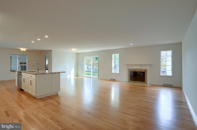 kitchen featuring a kitchen island with sink, sink, light wood-type flooring, and a wealth of natural light