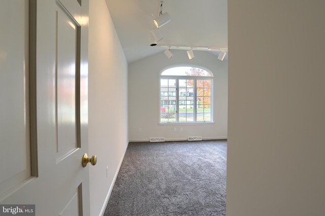 spare room with track lighting, carpet, and vaulted ceiling