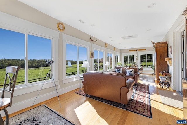 living room with light hardwood / wood-style floors and a healthy amount of sunlight