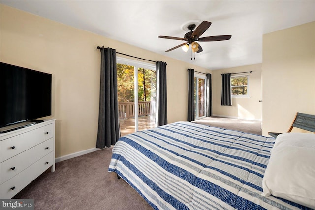 bedroom with light colored carpet, ceiling fan, multiple windows, and access to outside