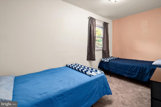 bedroom featuring light carpet