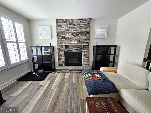 living room with hardwood / wood-style flooring and a stone fireplace