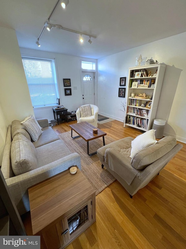 living room with hardwood / wood-style flooring and rail lighting