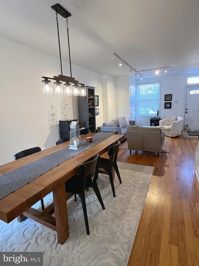 dining room with wood-type flooring and rail lighting