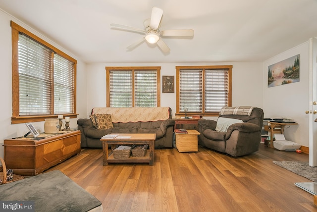 living room featuring ornamental molding, light wood-type flooring, and ceiling fan