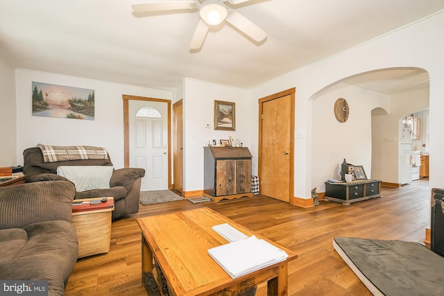 117 Accident Bittinger Rd, Accident, MD 21520 - living area with arched walkways, ceiling fan, wood finished floors, and baseboards