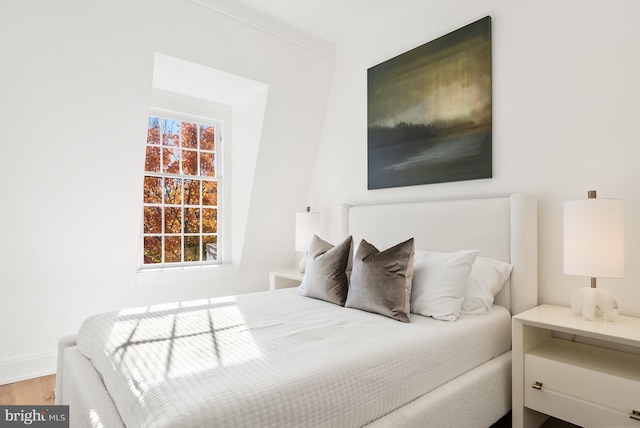 bedroom with hardwood / wood-style floors and crown molding