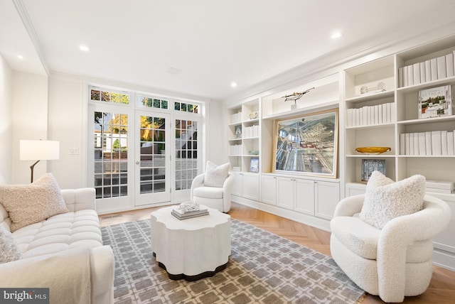 interior space featuring parquet floors and crown molding