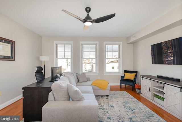 living room with ceiling fan and light hardwood / wood-style floors