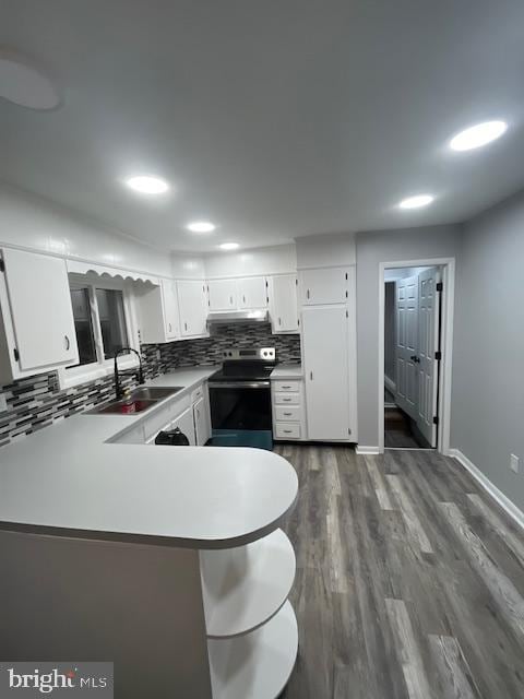 kitchen with white cabinets, stainless steel electric range, backsplash, and kitchen peninsula