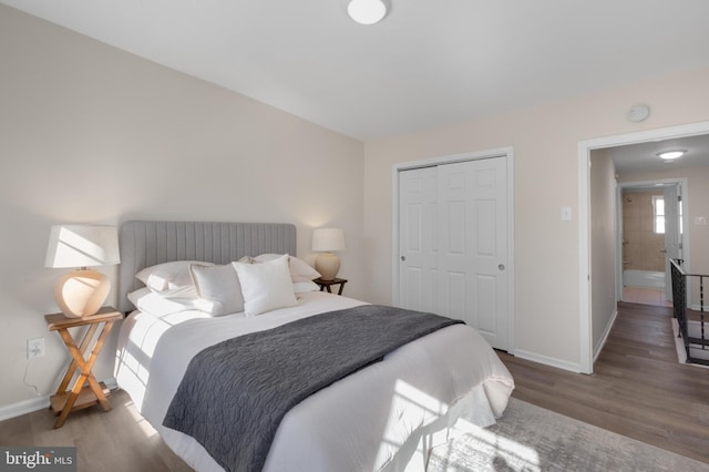 bedroom with wood-type flooring and a closet