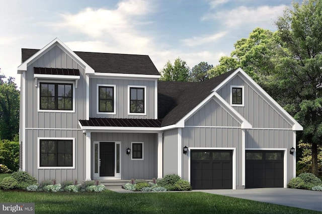 modern farmhouse featuring a front yard and a garage