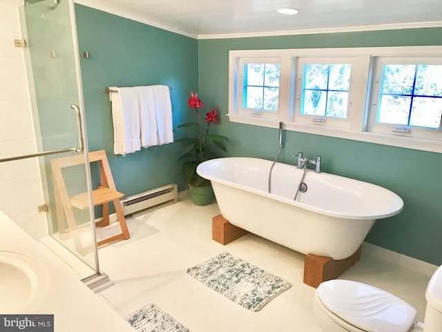 bathroom featuring ornamental molding, shower with separate bathtub, and a baseboard radiator