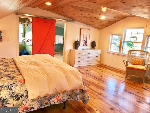 bedroom featuring vaulted ceiling, light wood-type flooring, baseboard heating, and wooden ceiling