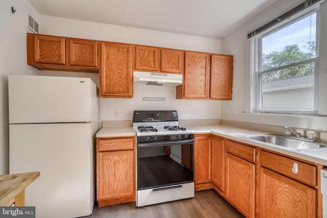 kitchen with white appliances, light hardwood / wood-style floors, and sink