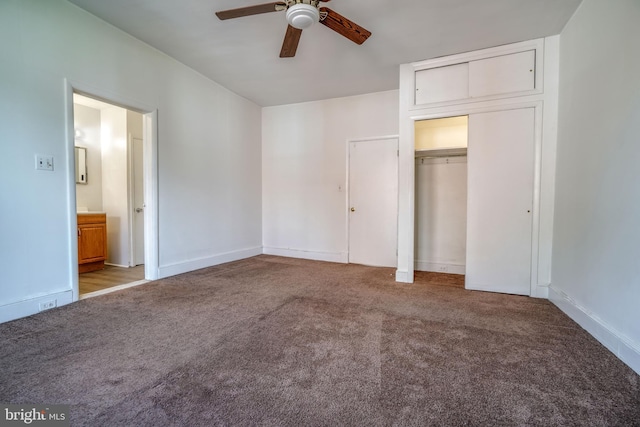 unfurnished bedroom featuring a closet, light colored carpet, and ceiling fan