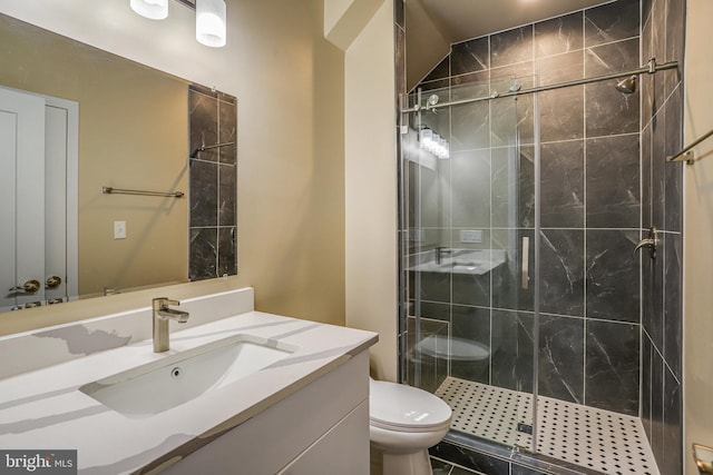 bathroom featuring vanity, toilet, and a shower with door