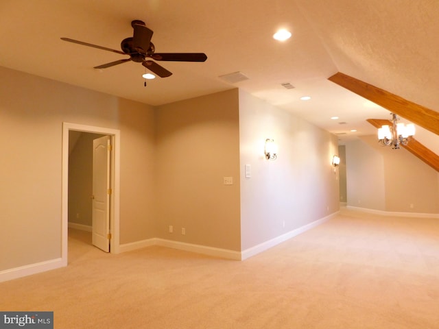 unfurnished room featuring carpet flooring and ceiling fan with notable chandelier