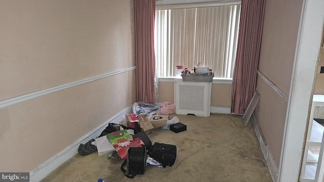 interior space with radiator heating unit and light colored carpet