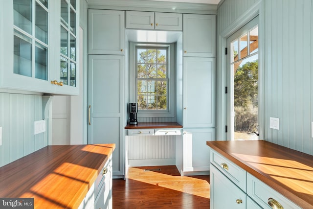 interior space featuring wood counters, glass insert cabinets, a healthy amount of sunlight, and dark wood-style floors