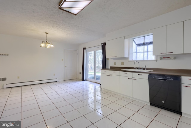kitchen featuring dishwasher, a baseboard heating unit, an inviting chandelier, a sink, and dark countertops
