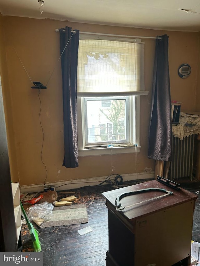 bathroom featuring vanity, radiator heating unit, and hardwood / wood-style floors