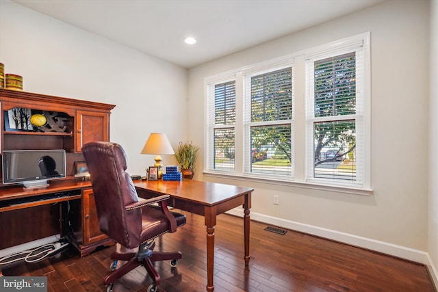 office space featuring dark hardwood / wood-style flooring