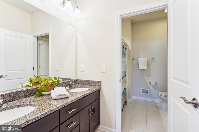 bathroom with vanity, toilet, and tile patterned flooring