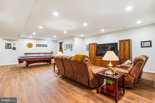 living room featuring pool table and light wood-type flooring