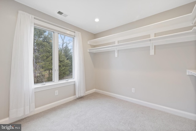 walk in closet with visible vents and carpet flooring