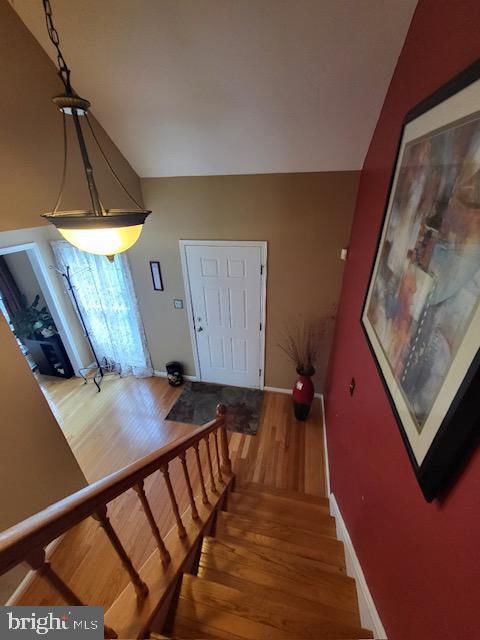 stairway with hardwood / wood-style floors