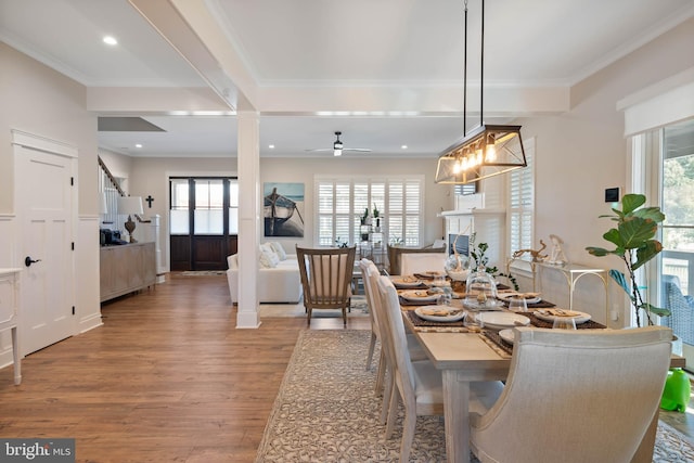 dining space with ornamental molding, wood-type flooring, ceiling fan, and plenty of natural light