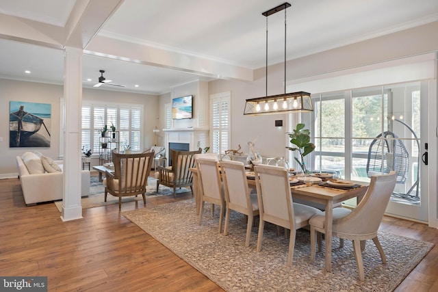 32845 Widgeon Rd Unit 11, Ocean View, DE 19970 - dining room featuring light wood finished floors, ornamental molding, recessed lighting, ceiling fan, and a fireplace
