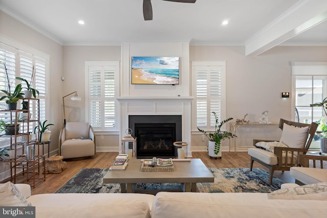 living room with ornamental molding, light hardwood / wood-style flooring, beamed ceiling, and ceiling fan