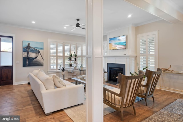 32845 Widgeon Rd Unit 11, Ocean View, DE 19970 - living room featuring ornamental molding, ceiling fan, a fireplace with flush hearth, wood finished floors, and baseboards