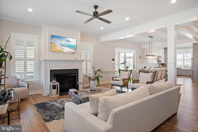 32845 Widgeon Rd Unit 11, Ocean View, DE 19970 - living area with ceiling fan, a fireplace with flush hearth, baseboards, ornamental molding, and wood-type flooring