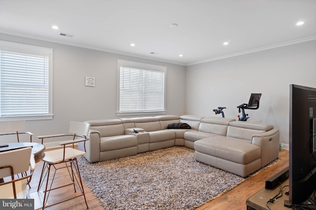 living room featuring a wealth of natural light, wood-type flooring, and crown molding