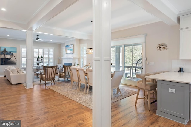 dining room featuring ornamental molding, light wood-type flooring, ceiling fan, and plenty of natural light