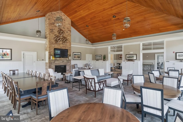 32845 Widgeon Rd Unit 11, Ocean View, DE 19970 - dining space featuring high vaulted ceiling, wooden ceiling, a wainscoted wall, a fireplace, and a decorative wall