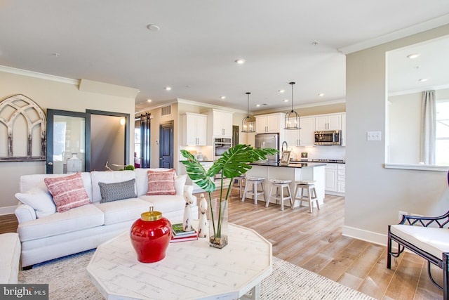 living room with light hardwood / wood-style floors, crown molding, and sink