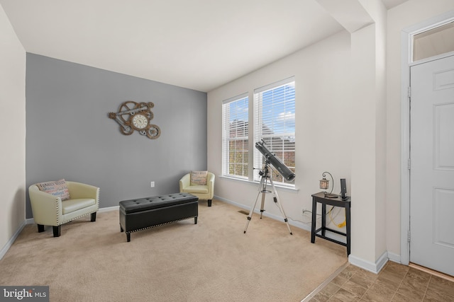 sitting room with light colored carpet