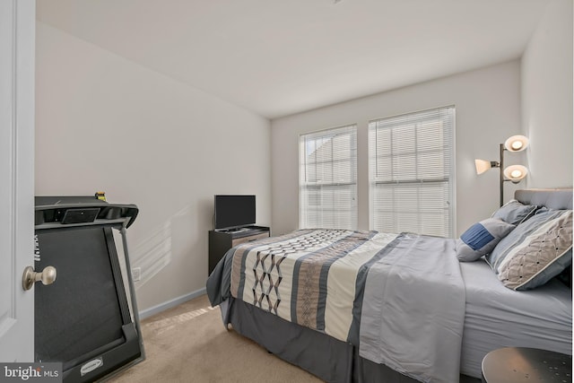 bedroom featuring light colored carpet