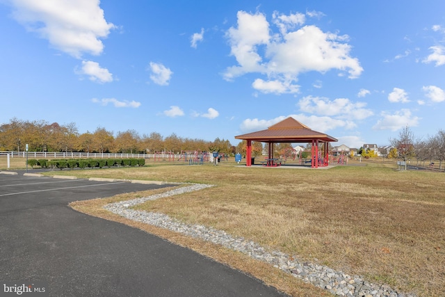 view of community with a gazebo and a lawn