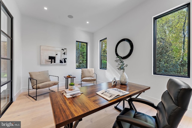 home office with light hardwood / wood-style flooring and a wealth of natural light