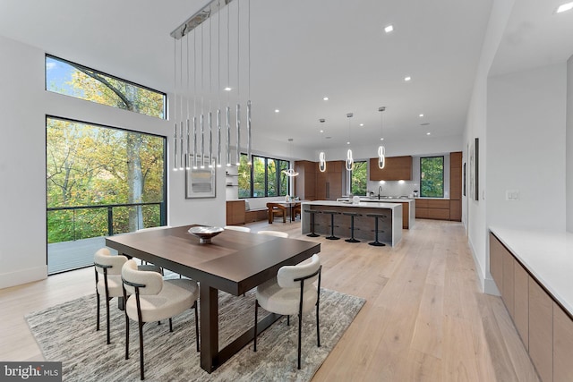 dining room featuring sink, light hardwood / wood-style flooring, and a towering ceiling