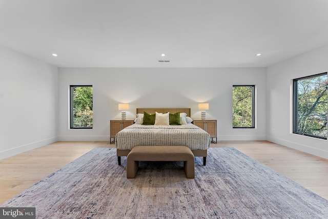 bedroom with multiple windows and light wood-type flooring